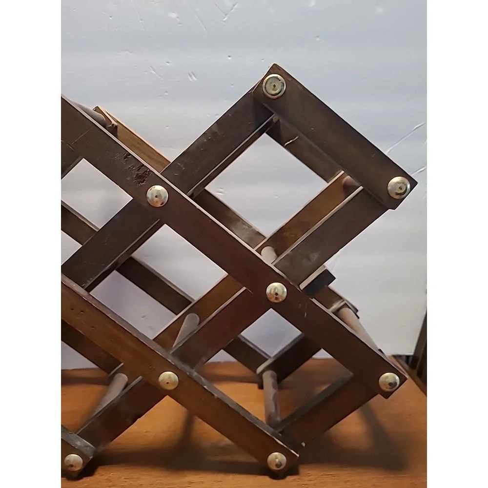 Vintage Wooden‎ Accordion Folding Wine Rack With Decorative Brass Studs